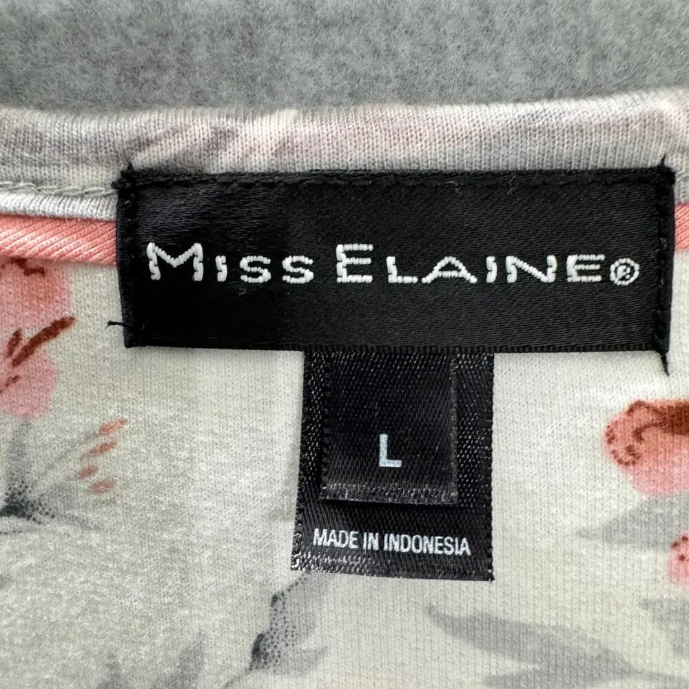 Miss Elaine Cotton Knit Full Zip Robe Housecoat Sz L White Pink Floral Pockets